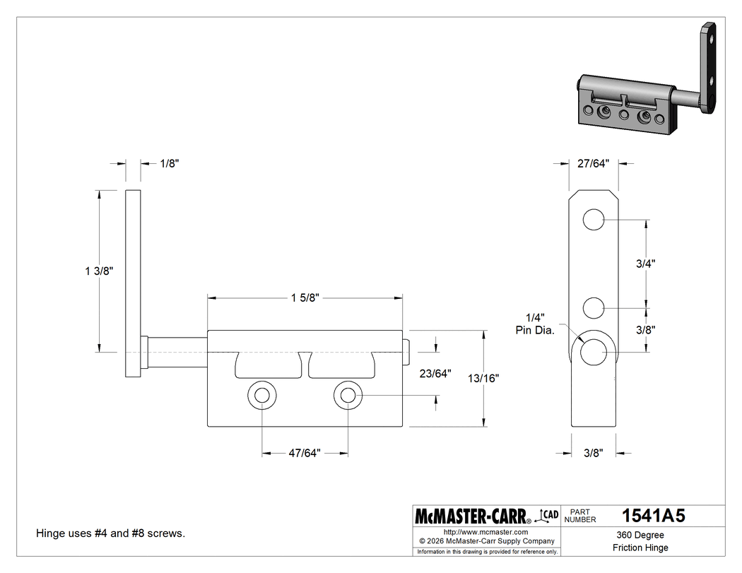 Technical Drawing of 360 Degree Friction Hinge, Side Door Mount, Black Zinc, 7/16" x 1-3/8" Door Leaf.